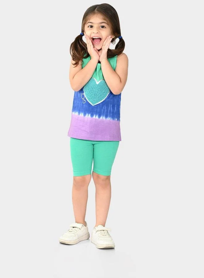 بونكيدز Regular Fit Printed Multicolour And Green Cotton Sets For Girls Round Neck Flat Collar Pull On 100 % Cotton