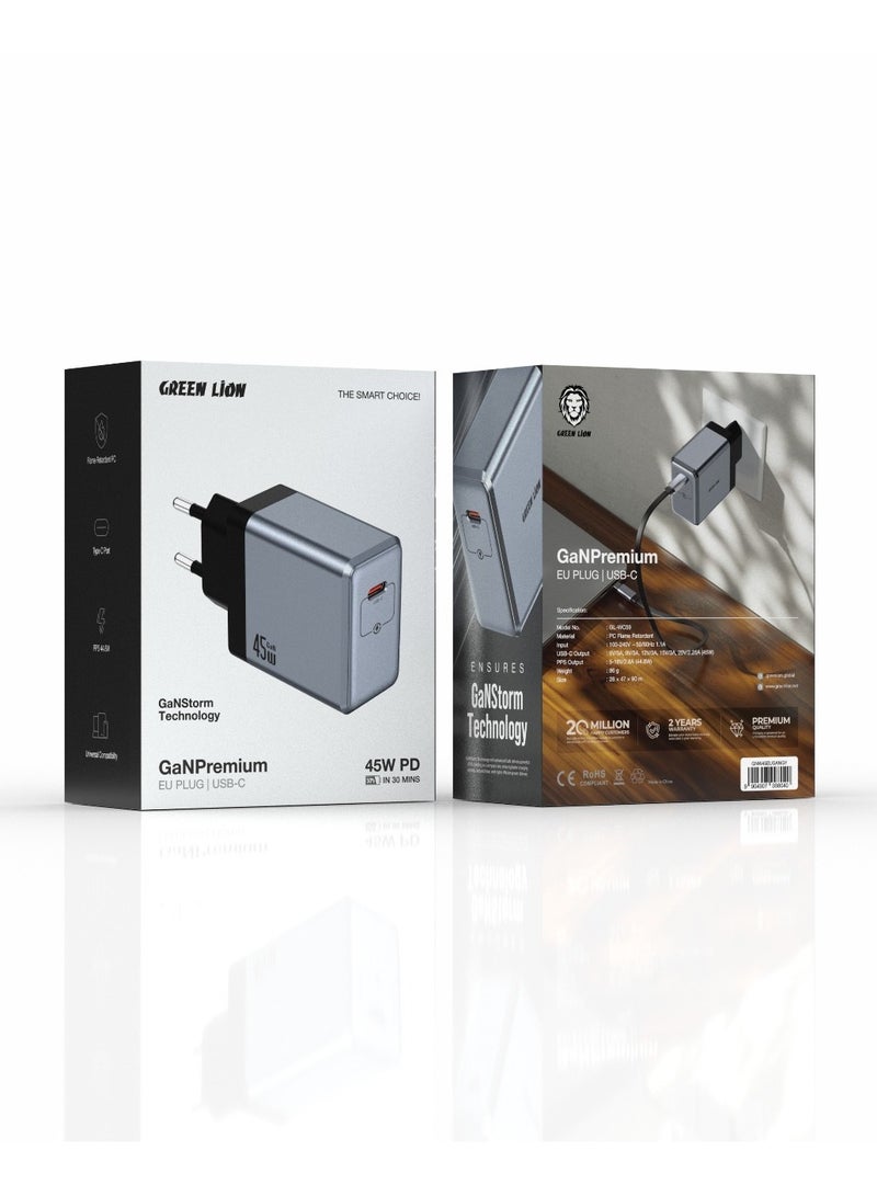 GREEN LION GaN Premium EU Plug Wall Charger / GaN Charger USB-C & 45W PD / GaNStorm Technology / GaNCharger PPS 44.8W - Grey - Image 3