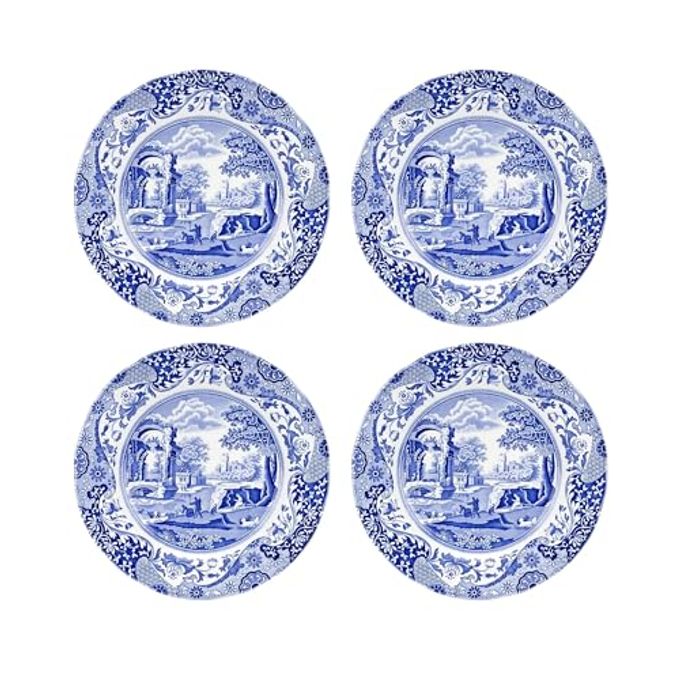 Spode Blue Italian 10.5-Inch Porcelain Dinner Plates - Set of 4 Classic Round Dishes with Eastern-Inspired Border - Elegant Blue & White Tableware Gift for Everyday Meals & Hosting