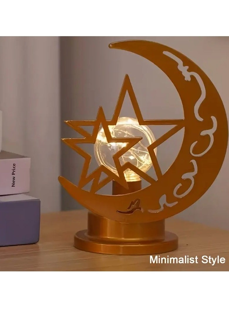 Home Care Handcrafted LED Moon & Star Lamp - Warm Golden Light,, Battery-Powered, Polished Cast Iron Night Light for Bedroom & Ramadan Festival Decor, Festive Decor Lamp|Festive Design|Waterproof Lighting, Lamp for Bedroom  - Image 1