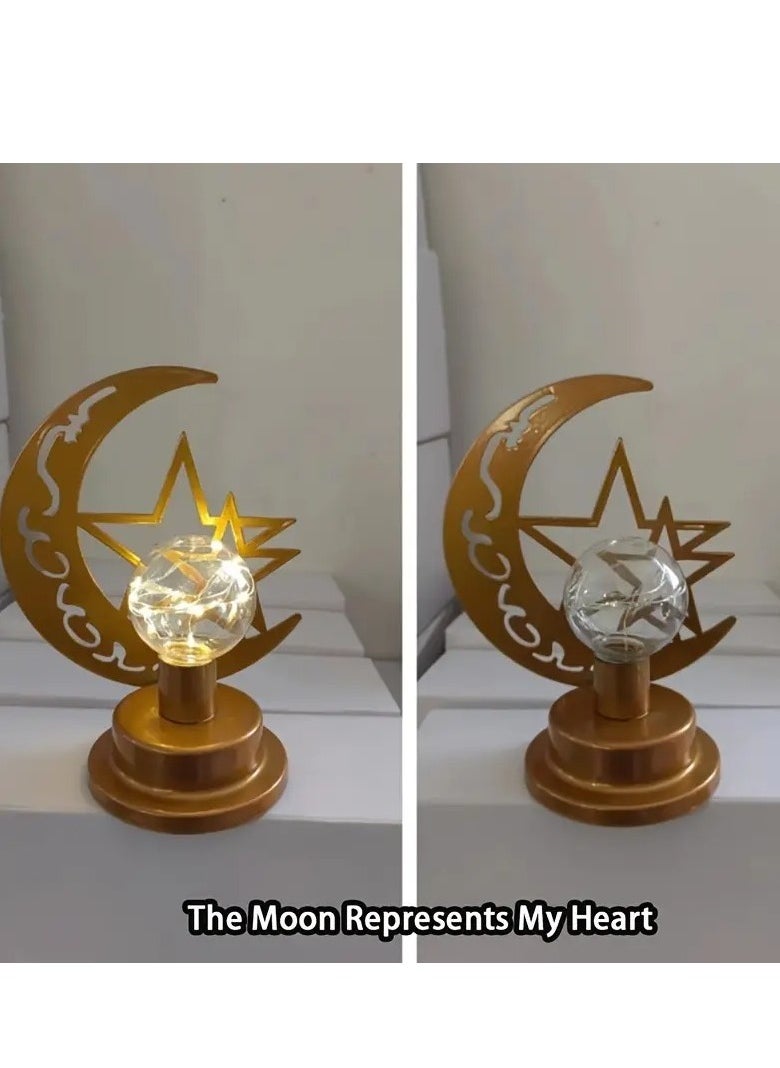 Home Care Handcrafted LED Moon & Star Lamp - Warm Golden Light,, Battery-Powered, Polished Cast Iron Night Light for Bedroom & Ramadan Festival Decor, Festive Decor Lamp|Festive Design|Waterproof Lighting, Lamp for Bedroom  - Image 4