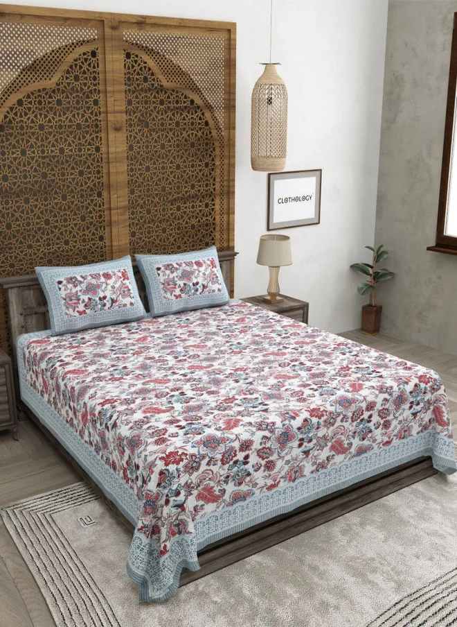 CLOTHOLOGY CLOTHOLOGY Pink Floral Pure Cotton 180 TC King Fine Bedsheet with 2 Pillow Covers - 108 x 89 inches