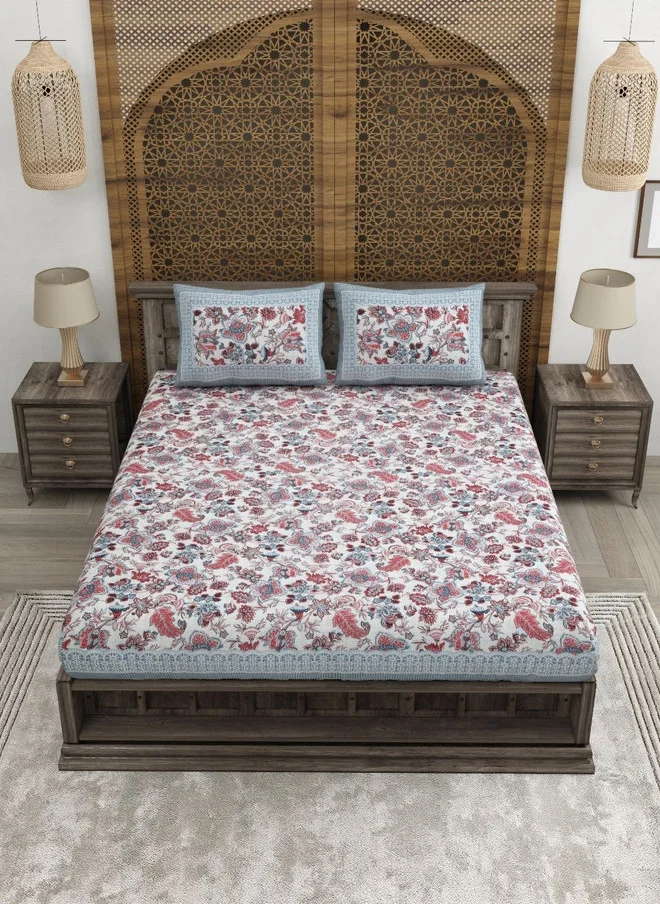 CLOTHOLOGY CLOTHOLOGY Pink Floral Pure Cotton 180 TC King Fine Bedsheet with 2 Pillow Covers - 108 x 89 inches