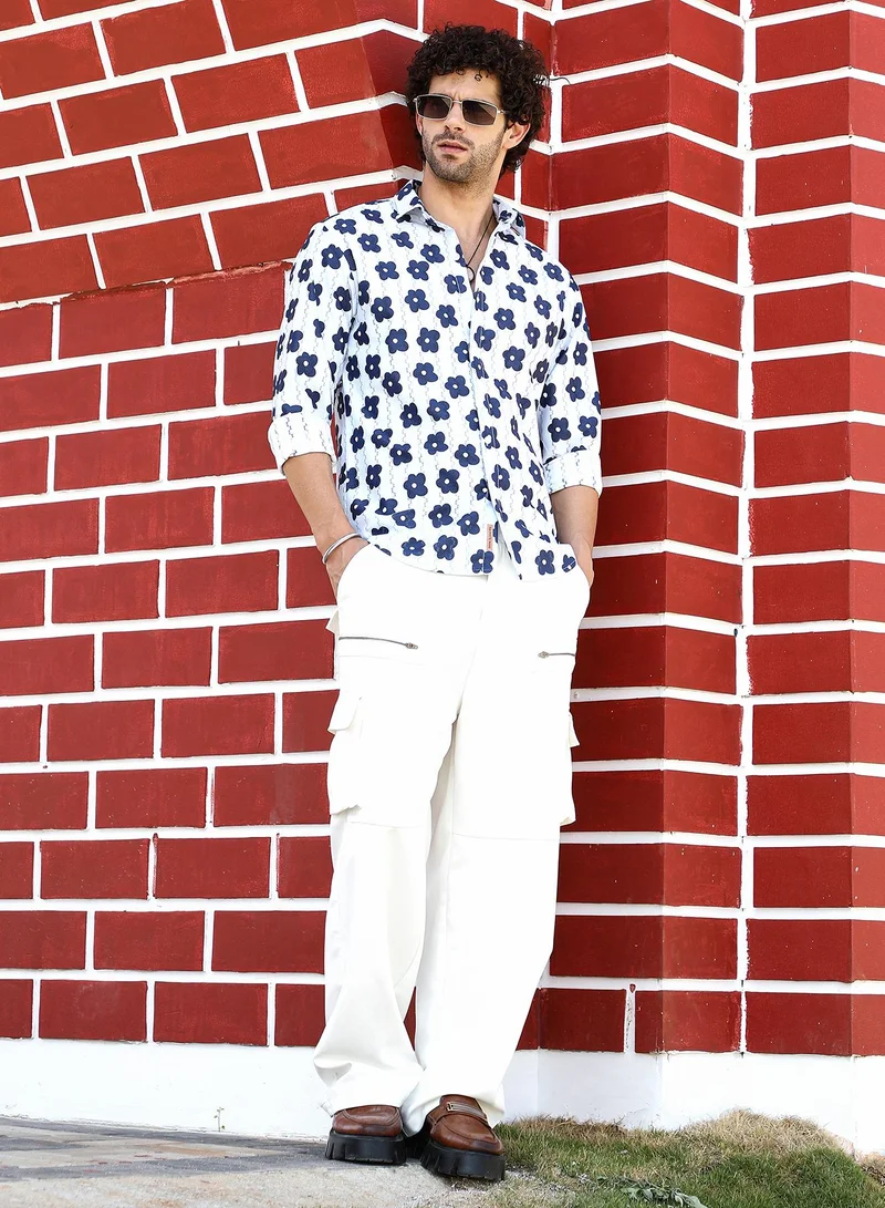 كامبوس سوترا Men's Indigo Blue & Daisy White Retro-Bloom Tactile Shirt