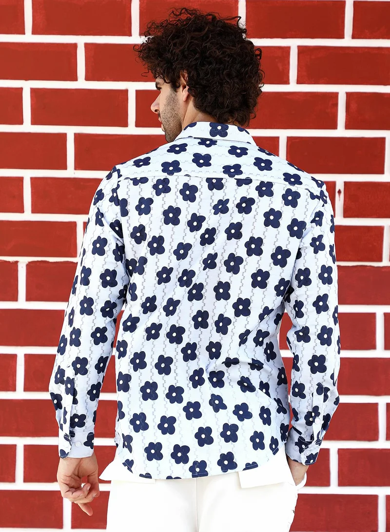 كامبوس سوترا Men's Indigo Blue & Daisy White Retro-Bloom Tactile Shirt