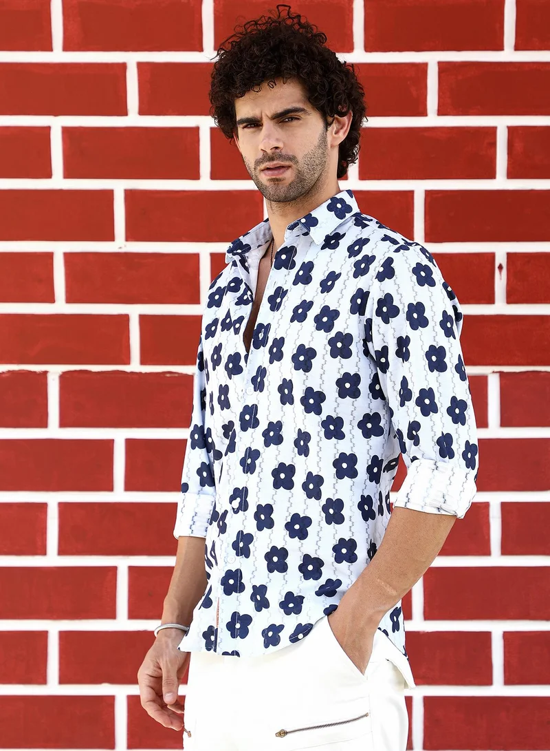 كامبوس سوترا Men's Indigo Blue & Daisy White Retro-Bloom Tactile Shirt