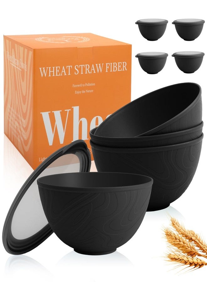Perlapoc 40 OZ Unbreakable Cereal Bowls with Lids, Wheat Straw Bowls Set of 4 with Unique Pattern, Reusable Plastic Bowl for Cereal, Soup, Salad and Ramen, Indoor & Outdoor Essentials, Black - Image 1