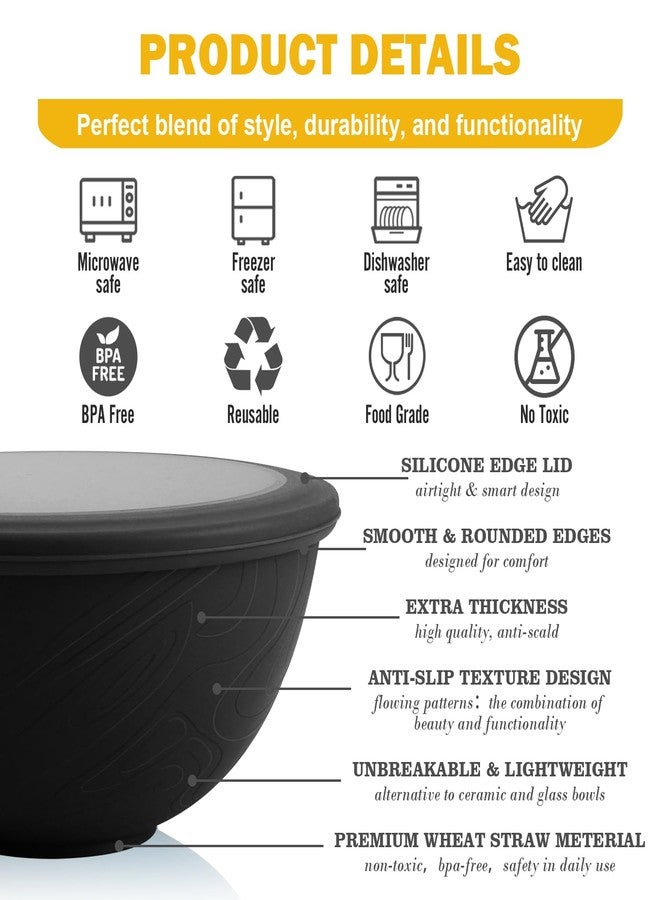 Perlapoc 40 OZ Unbreakable Cereal Bowls with Lids, Wheat Straw Bowls Set of 4 with Unique Pattern, Reusable Plastic Bowl for Cereal, Soup, Salad and Ramen, Indoor & Outdoor Essentials, Black - Image 3