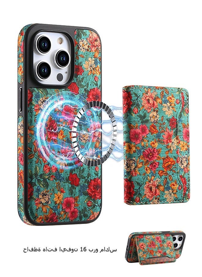 Beyond iPhone 16 Pro Max Wallet Magsafe Case with Card Holder, Durable Kickstand Shockproof Phone Case Cover, Floral FliP Case Cover (Green)  - Image 1