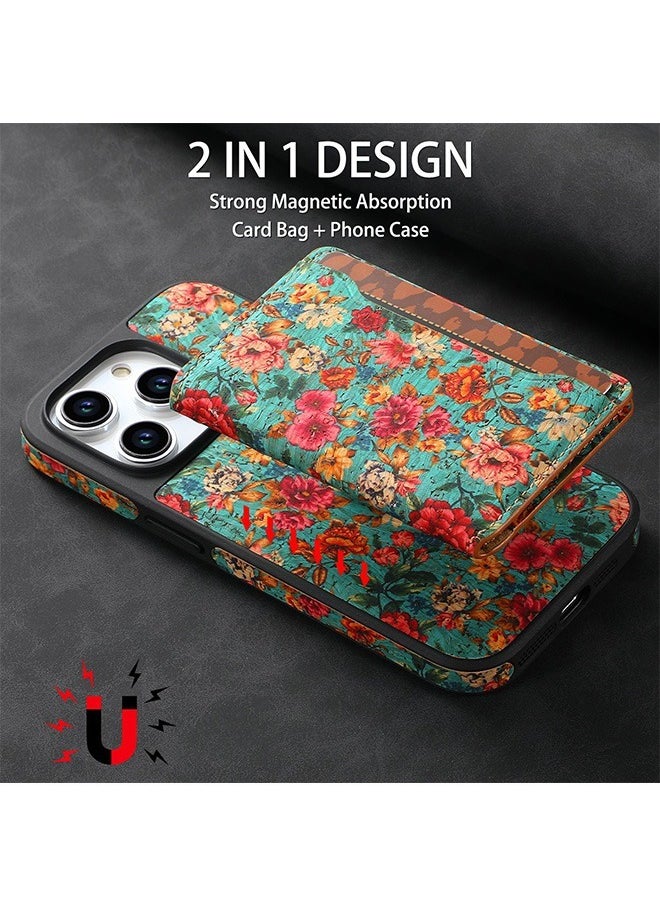 Beyond iPhone 16 Pro Max Wallet Magsafe Case with Card Holder, Durable Kickstand Shockproof Phone Case Cover, Floral FliP Case Cover (Green)  - Image 3