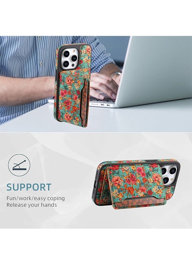 Beyond iPhone 16 Pro Max Wallet Magsafe Case with Card Holder, Durable Kickstand Shockproof Phone Case Cover, Floral FliP Case Cover (Green)  - Image 4