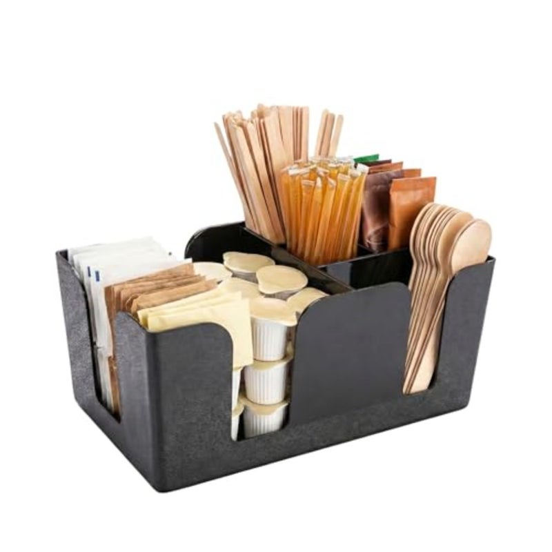 Restaurantware RWT0484 plastic condiment caddy for bar use, pebbled texture, black, 6 compartments, durable and stackable - Image 1