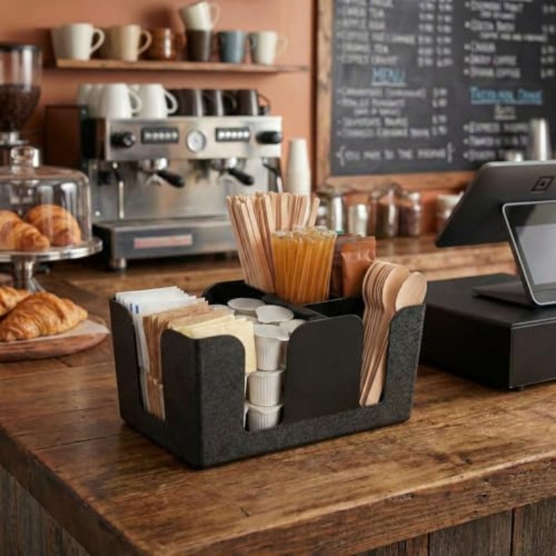 Restaurantware RWT0484 plastic condiment caddy for bar use, pebbled texture, black, 6 compartments, durable and stackable - Image 3