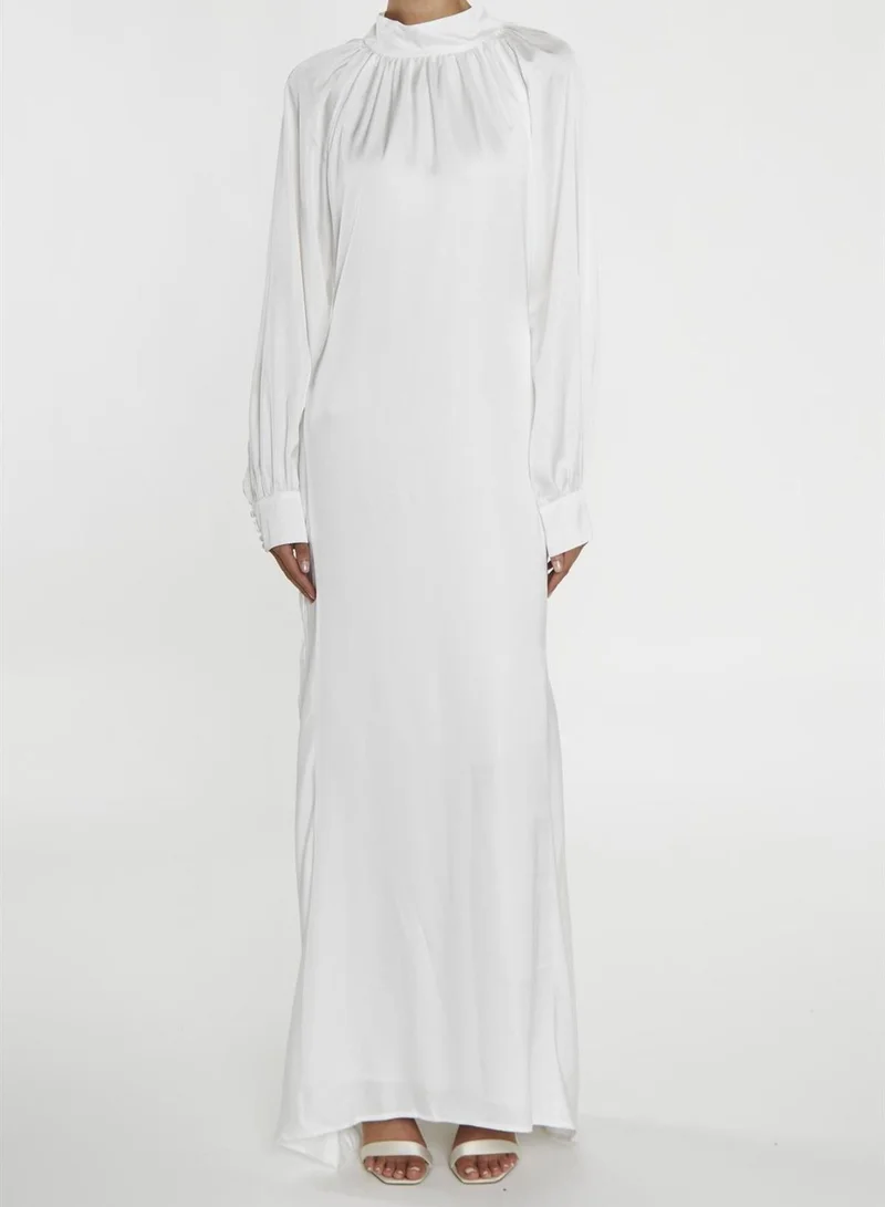 True Decadence Reyna White High-Neck Fishtail Maxi-Dress