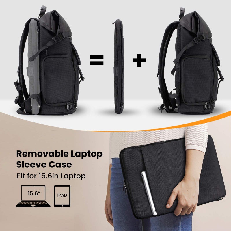 TARION Camera Backpack Rolltop Photography Backpack with Removable Laptop Case 2 in 1 Large Capacity Camera Bag with Waterproof Rain Cover for DSLR SLR Cameras (SP-01 Black) - Image 2