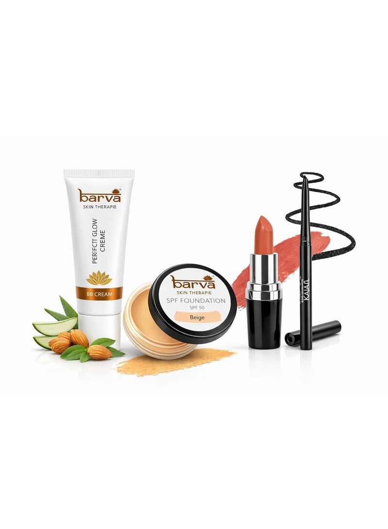 Barva Simple Makeover Kit – Ghee Enriched Makeup Combo | BB Cream 10ml, Kajal, Beige Foundation 9g & Lipstick (Rose Damask 225)4.3g | Complete Makeup Kit for Women | Daily & Travel Use - Image 1