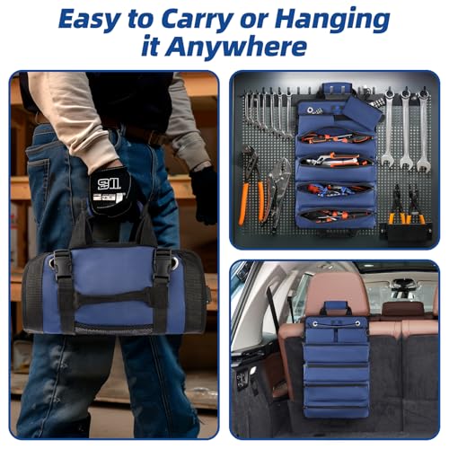 ROCKCOON Tool Roll Bag Heavy Duty Tool Organizer Roll Up Portable Tool Storage Bag Easily Hanging on the Wall and Car for Professional Mechanics Electricians Carpenters and Hobbyists Blue - Image 3
