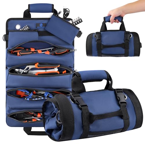 ROCKCOON Tool Roll Bag Heavy Duty Tool Organizer Roll Up Portable Tool Storage Bag Easily Hanging on the Wall and Car for Professional Mechanics Electricians Carpenters and Hobbyists Blue - Image 1