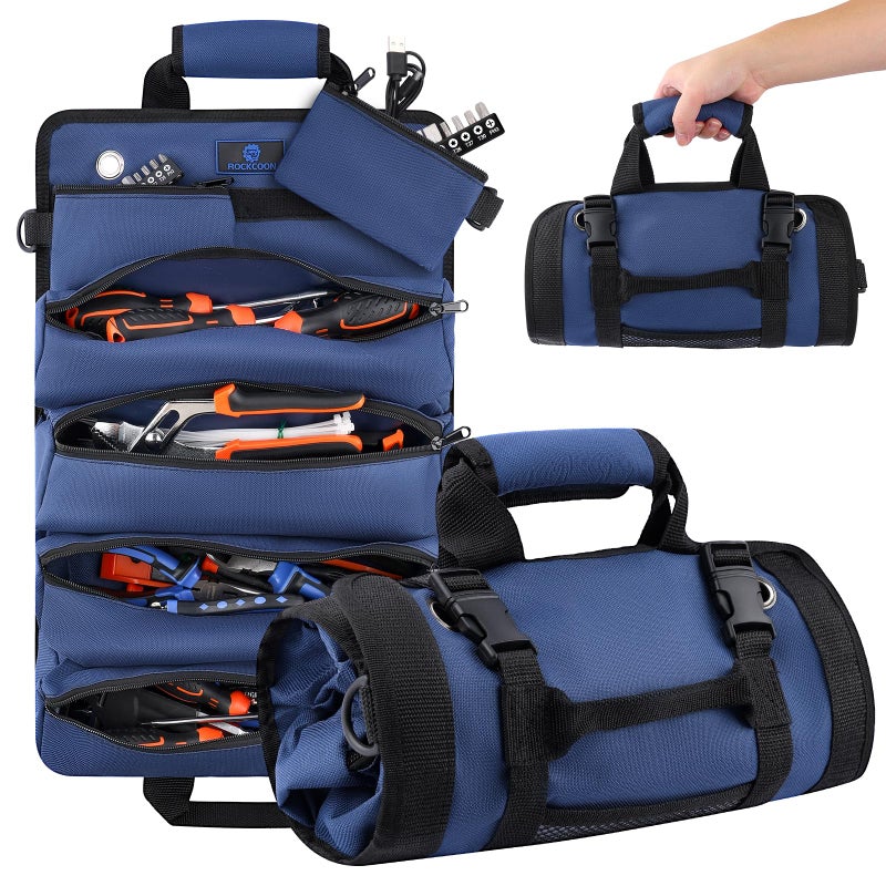 ROCKCOON Tool Roll Bag Heavy Duty Tool Organizer Roll Up Portable Tool Storage Bag Easily Hanging on the Wall and Car for Professional Mechanics Electricians Carpenters and Hobbyists Blue - Image 2
