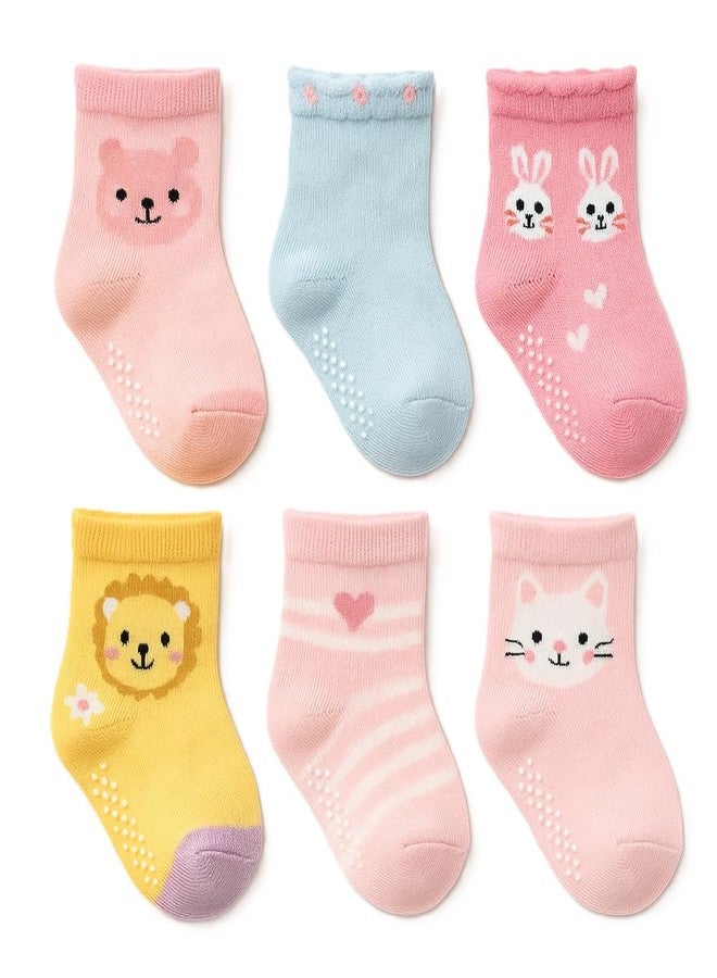 CUTEABLY جوارب قطنية عضوية مضادة للانزلاق للأطفال من كيوتيبلي، عبوة من 6 أزواج (بنقشات متنوعة) (مقاسات: 12 شهرًا، 18 شهرًا، للبنات) - Image 1
