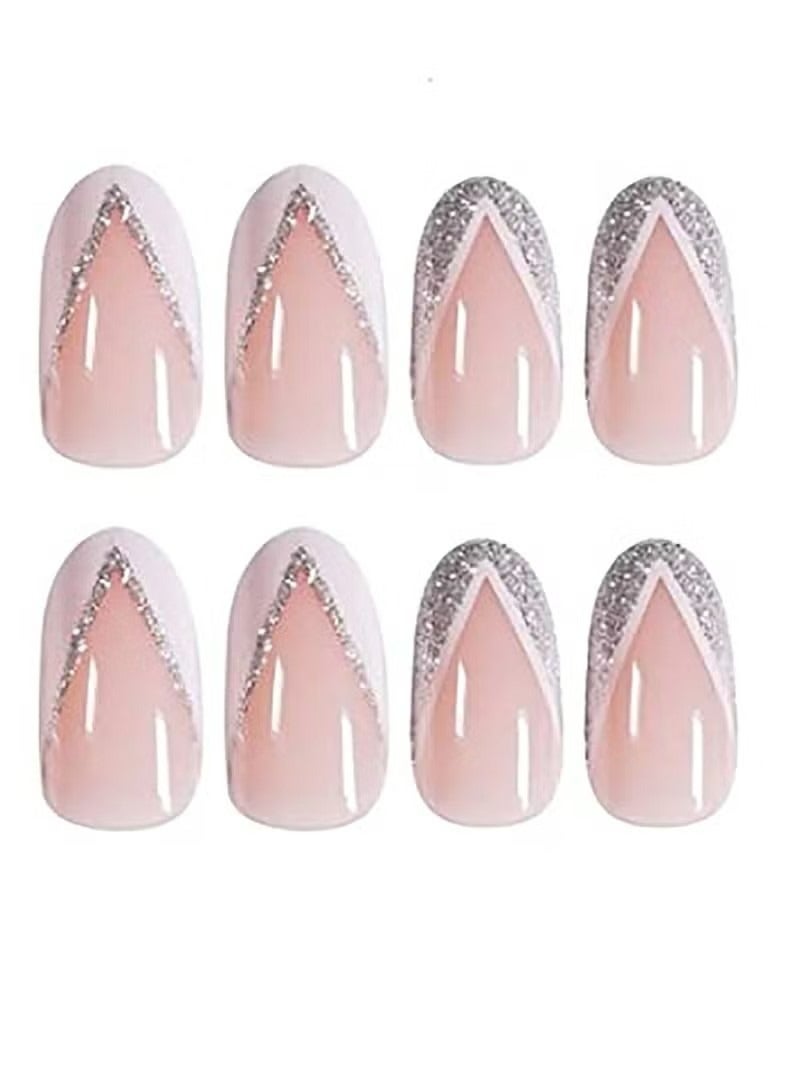 Generic Nail Patches Silver Side StyleFake Nails Short Press On Nails Square Crystal False Nails Prom Nails Full Cover Nails Tips 24pcs For Women And Girls - Image 2