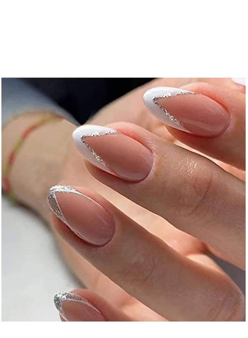 Generic Nail Patches Silver Side StyleFake Nails Short Press On Nails Square Crystal False Nails Prom Nails Full Cover Nails Tips 24pcs For Women And Girls - Image 1
