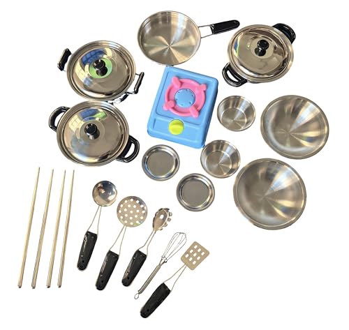 MAGIKON Miniature Toy 17Piece Stainless Steel Pots and Pans Set MAGIKON Pretend Play Kitchen Cooking Utensils Toy - Image 1