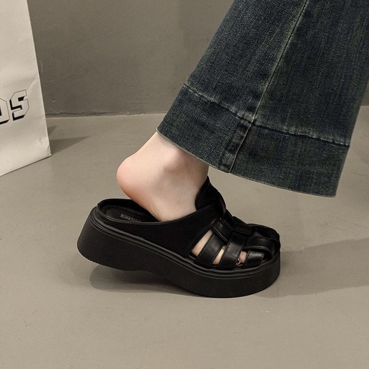 French-Style Woven Closed-Toe Mules For Women, 2025 Spring/ Platform Thick-Soled Hollow Versatile Roman Sandals - Image 4