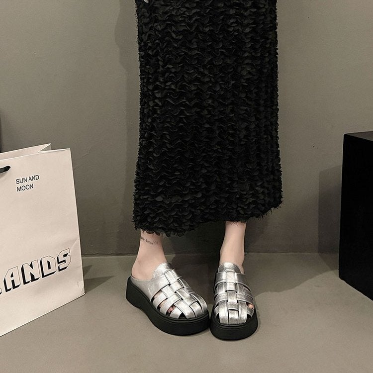 French-Style Woven Closed-Toe Mules For Women, 2025 Spring/ Platform Thick-Soled Hollow Versatile Roman Sandals - Image 5