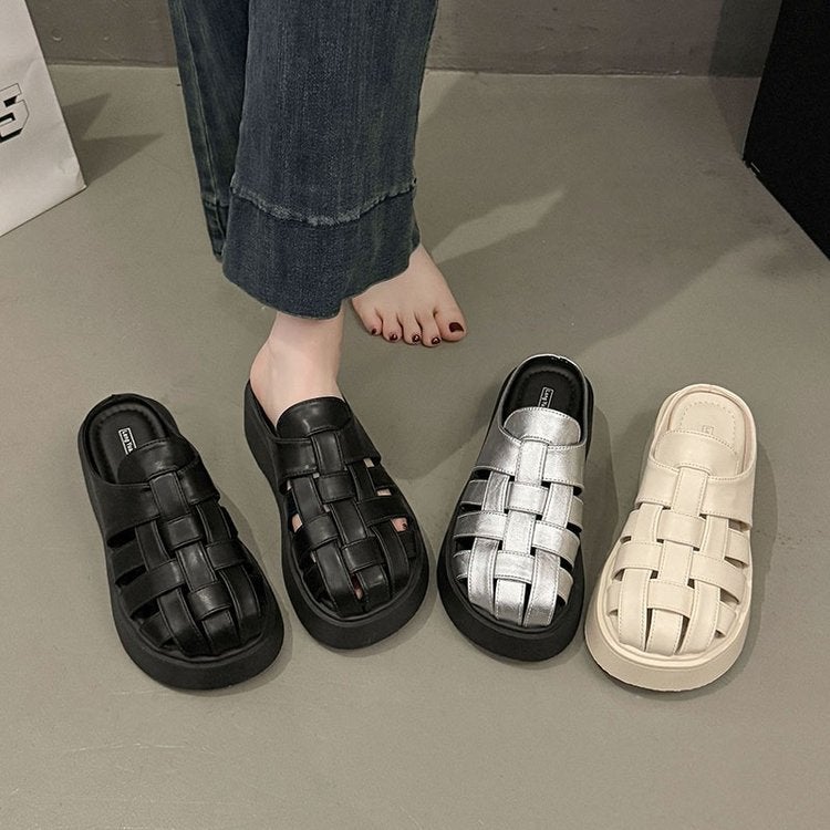 French-Style Woven Closed-Toe Mules For Women, 2025 Spring/ Platform Thick-Soled Hollow Versatile Roman Sandals - Image 3