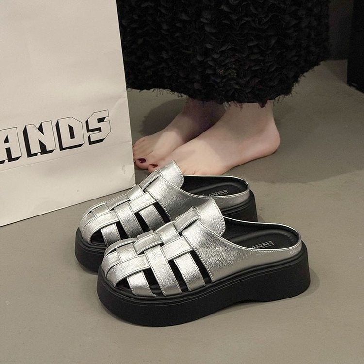 French-Style Woven Closed-Toe Mules For Women, 2025 Spring/ Platform Thick-Soled Hollow Versatile Roman Sandals - Image 2