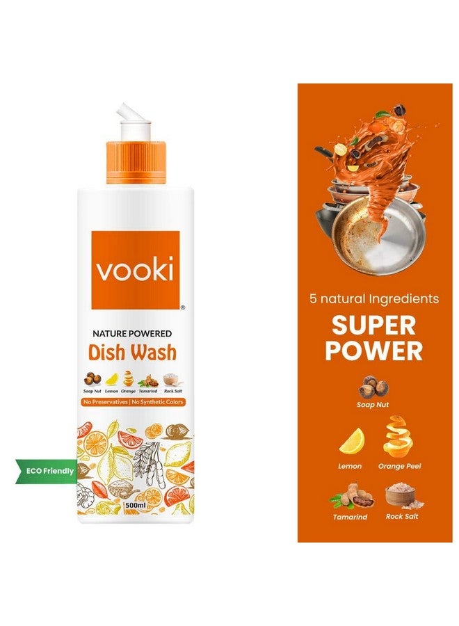 Vooki سائل غسيل الصحون الصديق للبيئة من فوكّي، مدعوم بالطبيعة مع صابون الجوز، الليمون، التمر الهندي، قشر البرتقال وملح الصخور، قوي على الدهون والبقع، لطيف على اليدين - 500 مل (عبوة من 2) - Image 2