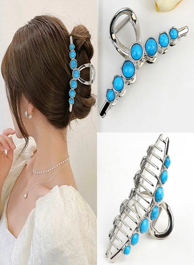 SINIDE Turquoise Blue Stone Hair Claw Clips, Large Metal Retro Bowknot Claw Clip for Women Strong Hold Non-Slip Catch Barrette Jaw Clamp for Long Thick Hair, Fashion Styling Accessories (2 Pack) - Image 2