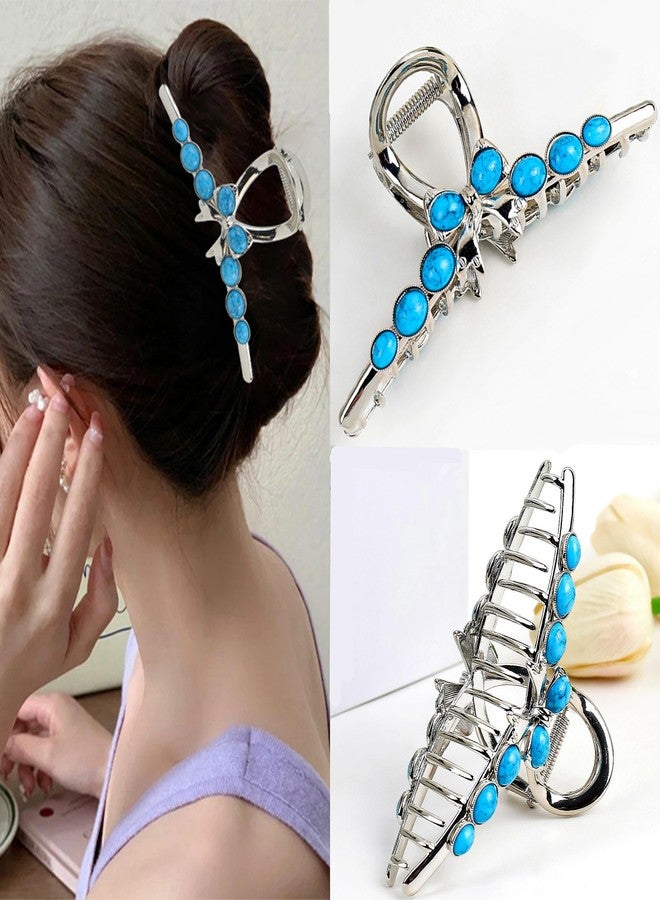 SINIDE Turquoise Blue Stone Hair Claw Clips, Large Metal Retro Bowknot Claw Clip for Women Strong Hold Non-Slip Catch Barrette Jaw Clamp for Long Thick Hair, Fashion Styling Accessories (2 Pack) - Image 3