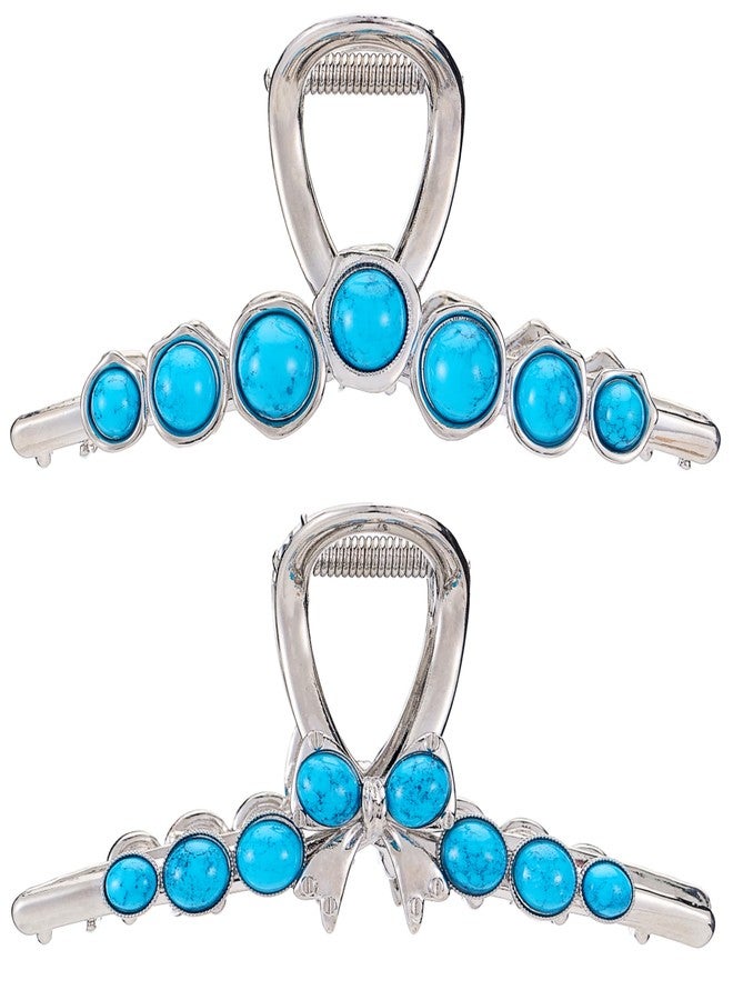 SINIDE Turquoise Blue Stone Hair Claw Clips, Large Metal Retro Bowknot Claw Clip for Women Strong Hold Non-Slip Catch Barrette Jaw Clamp for Long Thick Hair, Fashion Styling Accessories (2 Pack) - Image 1