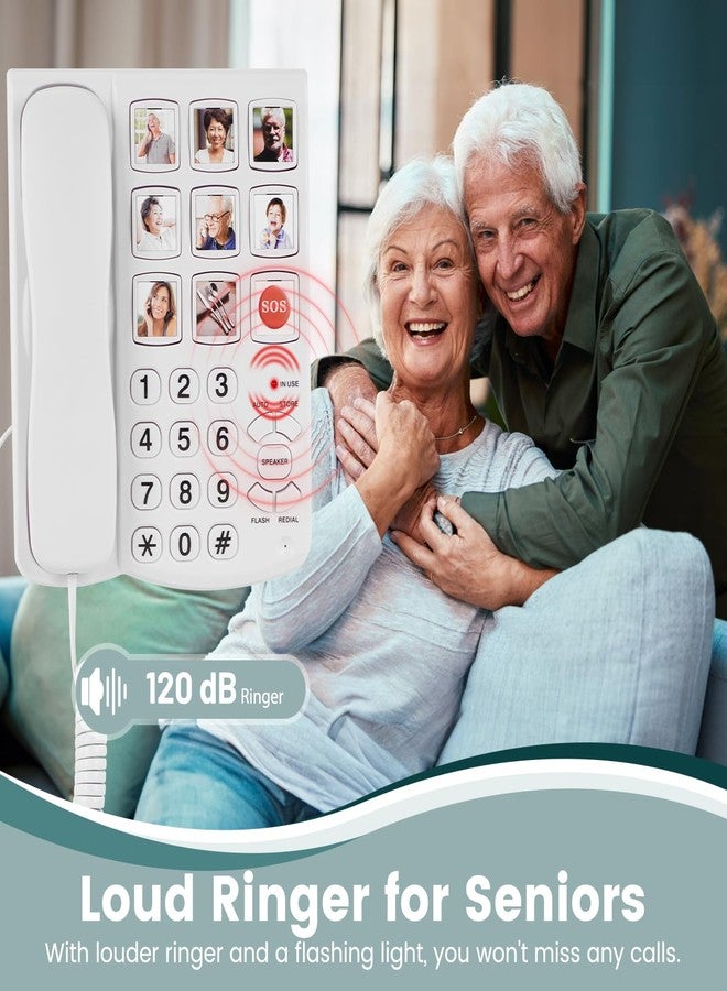 Lativu Landline Phones for Seniors-Basic Big Button Phone for Seniors-White Corded Telephone Landline Phones with 9 One-Touch Dialing, Loud Ringer & Speaker for Visually and Hearing Impaired - Image 4