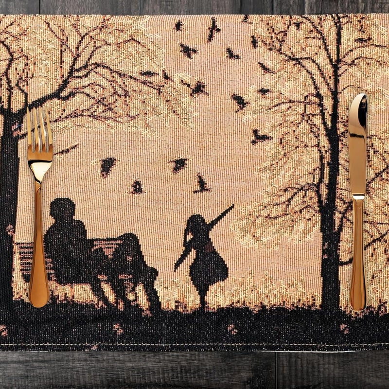 DaDa Bedding DaDalogy Farmhouse Rustic Dining Placemats  Set of 4 Tapestry Woven Cotton Linen Kitchen Table Mats Fall Silhouette Decor  Family Cozy Cabin Orange Tan Black Decorative  13 x 19 - Image 1