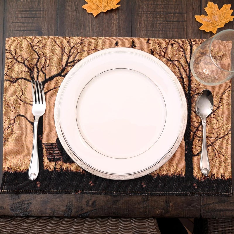 DaDa Bedding DaDalogy Farmhouse Rustic Dining Placemats  Set of 4 Tapestry Woven Cotton Linen Kitchen Table Mats Fall Silhouette Decor  Family Cozy Cabin Orange Tan Black Decorative  13 x 19 - Image 5
