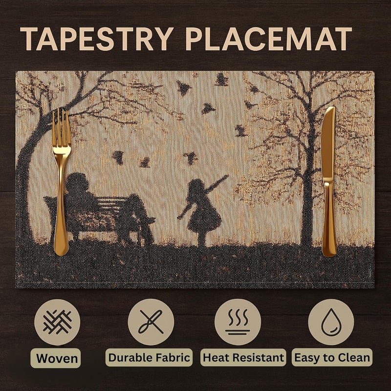 DaDa Bedding DaDalogy Farmhouse Rustic Dining Placemats  Set of 4 Tapestry Woven Cotton Linen Kitchen Table Mats Fall Silhouette Decor  Family Cozy Cabin Orange Tan Black Decorative  13 x 19 - Image 2