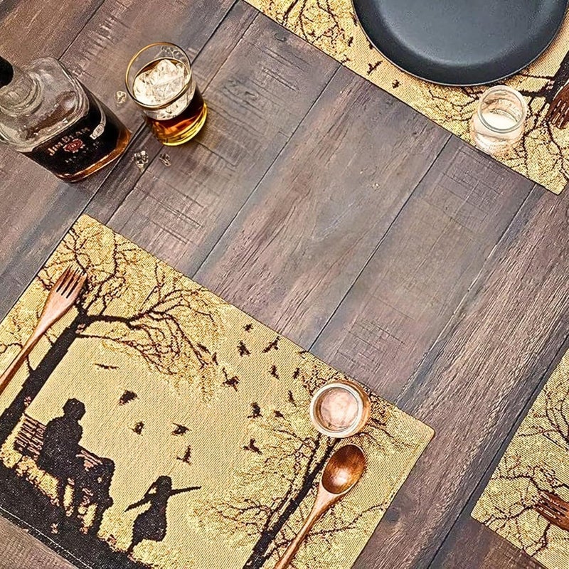 DaDa Bedding DaDalogy Farmhouse Rustic Dining Placemats  Set of 4 Tapestry Woven Cotton Linen Kitchen Table Mats Fall Silhouette Decor  Family Cozy Cabin Orange Tan Black Decorative  13 x 19 - Image 4