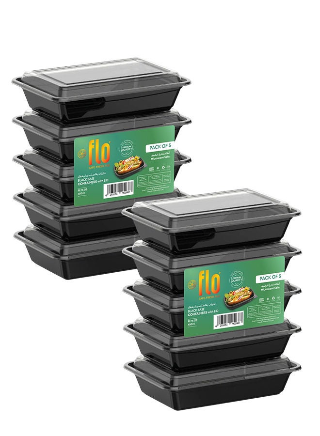 فلو علب طعام مستطيلة الشكل للاستخدام مرة واحدة، مناسبة للميكروويف، مع غطاء، قاعدة سوداء، سعة 450 مل، عبوة من 10 قطع - Image 1