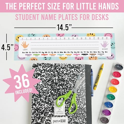 Hadley Designs Desk Name Tags for Classroom – 36 Student Name Plates for Classroom Kindergarten, Preschool, 1st, 2nd & 3rd Grade, 14.5 x 4in Teacher Nameplates for Student Desks, Smiley Nametags - Image 2