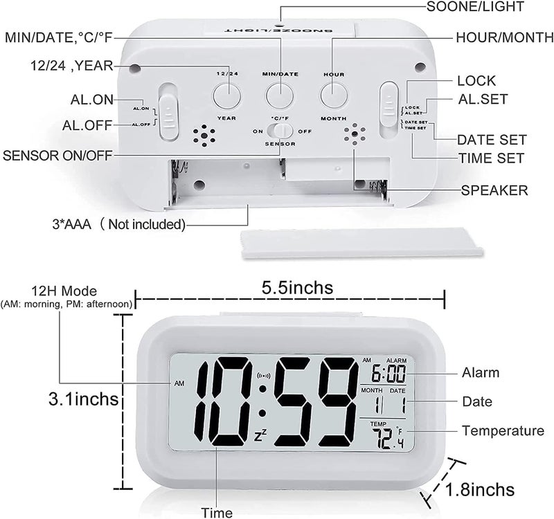 KALUG KALUG Alarm Clock Digital Clock Table Clock for Students Watch Timer for Study Home Bedroom KitchenLoud Desk Alarm Clocks for Heavy Sleepers with Automatic SensorTimeDate Temperature WHITE  - Image 2