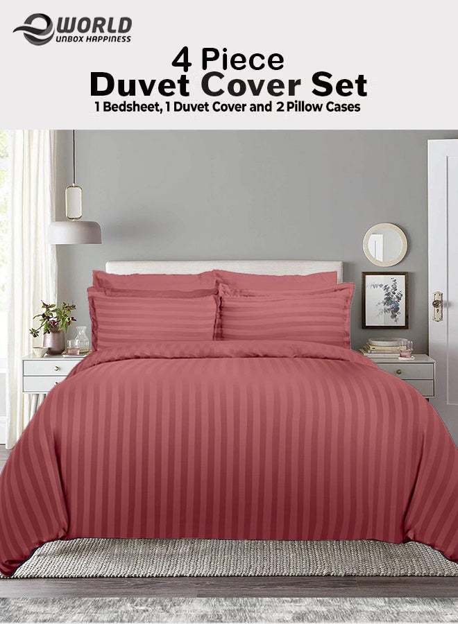 إي وورلد طقم لحاف مخطط فاخر لكل المواسم – طقم 4 قطع باللون الوردي الغباري | حجم كينغ 220×240 سم | فائق النعومة، مقاوم للتجاعيد ومصنوع في دبي | يشمل غطاء لحاف، ملاءة مطاطية (200×200 سم) و2 كيس وسادة (50×70 سم) - Image 1
