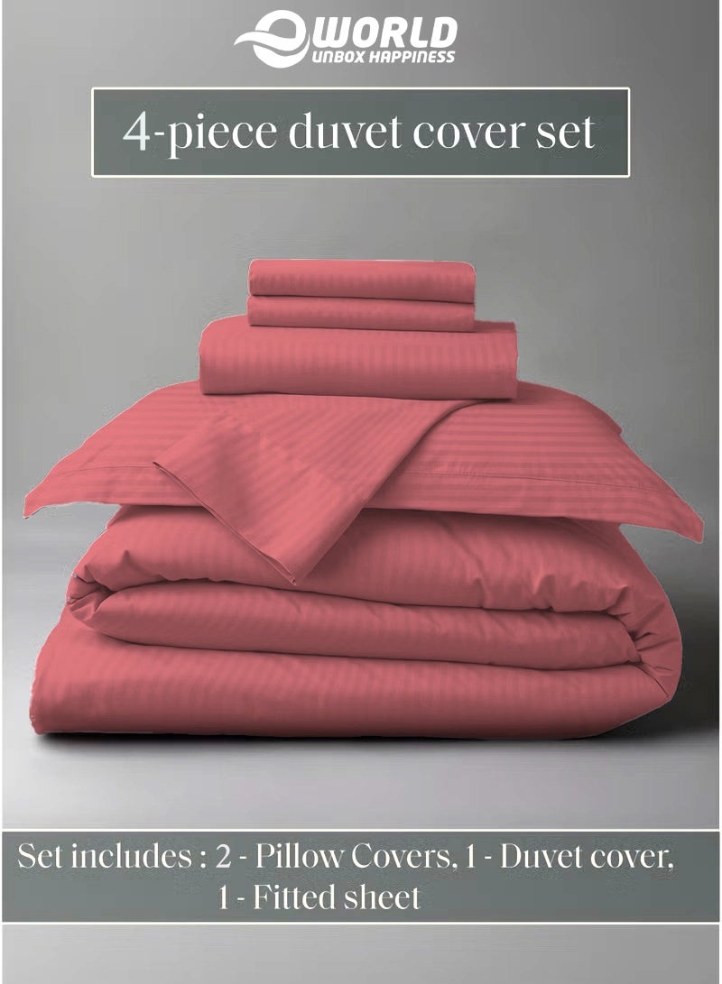 إي وورلد طقم لحاف مخطط فاخر لكل المواسم – طقم 4 قطع باللون الوردي الغباري | حجم كينغ 220×240 سم | فائق النعومة، مقاوم للتجاعيد ومصنوع في دبي | يشمل غطاء لحاف، ملاءة مطاطية (200×200 سم) و2 كيس وسادة (50×70 سم) - Image 2
