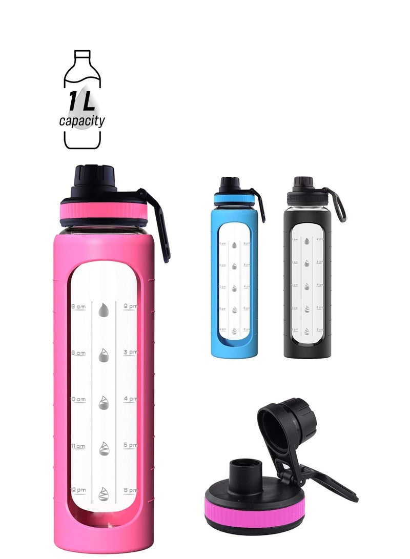 واي آند دي 32 oz Glass Water Bottle with Time Marks and Silicone Sleeve - Flip Lid, Motivational Bottles for Hydration, Reusable, Wide Mouth, Leakproof, 1 Liter Drinking Bottle, BPA Free - Image 1