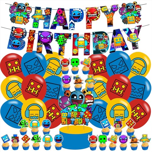 karg Geometry Dash Birthday Party Supplies Favors for Boys Kids Geometry Dash Birthday Party Decorations Including Banner Cake Cupcake Toppers Ballons - Image 1