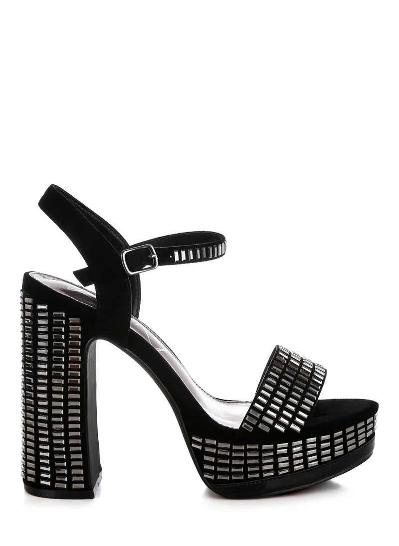 London Rag Rhinestones Embellished Ankle Strap Heels in Black