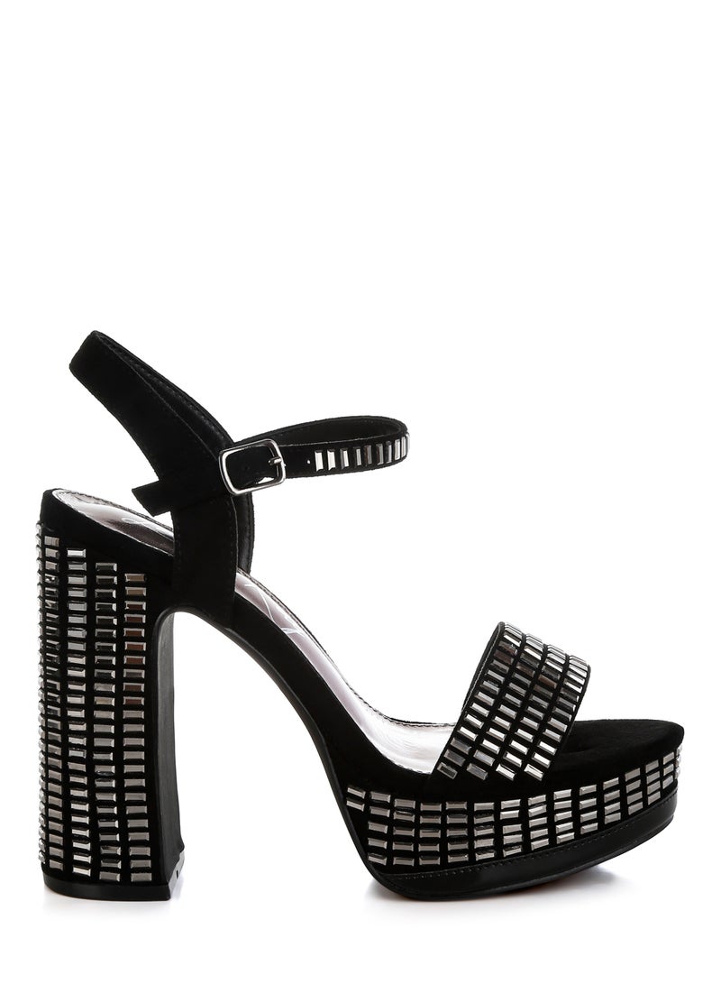 London Rag Rhinestones Embellished Ankle Strap Heels in Black  - Image 1