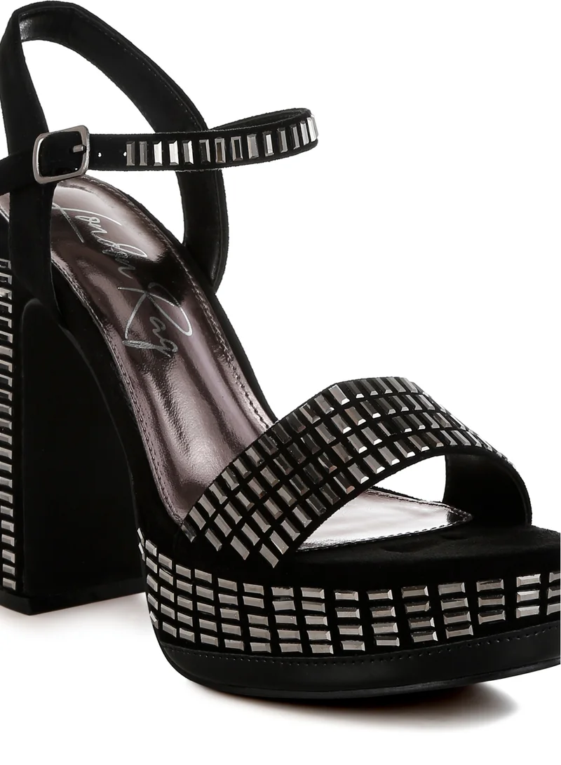London Rag Rhinestones Embellished Ankle Strap Heels in Black